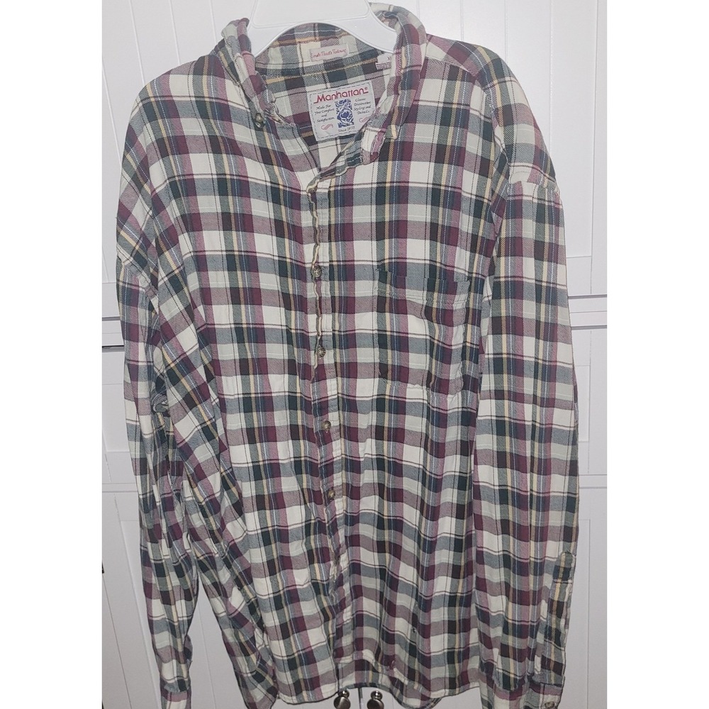 Manhattan Mens XL Flannel Long Sleeve Plaid Button Down Cotton Casual vintage‎
